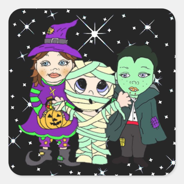 Three Kids in Halloween Costume Square Sticker (Front)