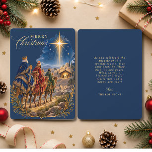 Three Kings Christmas Religious Nativity Blue Gold Holiday Card