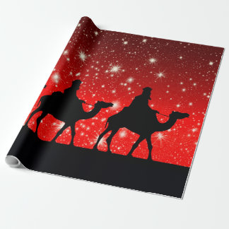 THREE KINGS ON RED SKY WITH STARS WRAPPING PAPER