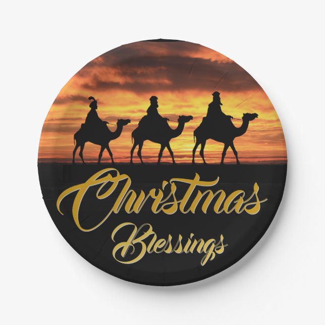 Three Kings Riding Camels | Christmas Blessings Paper Plate (Front)