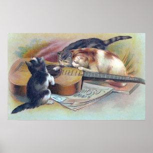 Three Kittens and a Guitar Vintage Illustration Poster