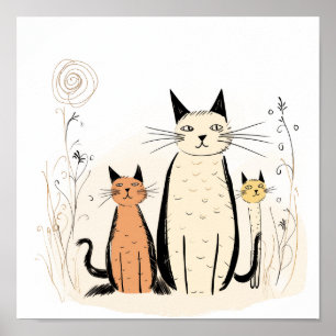 Three Kittens and Flowers Poster