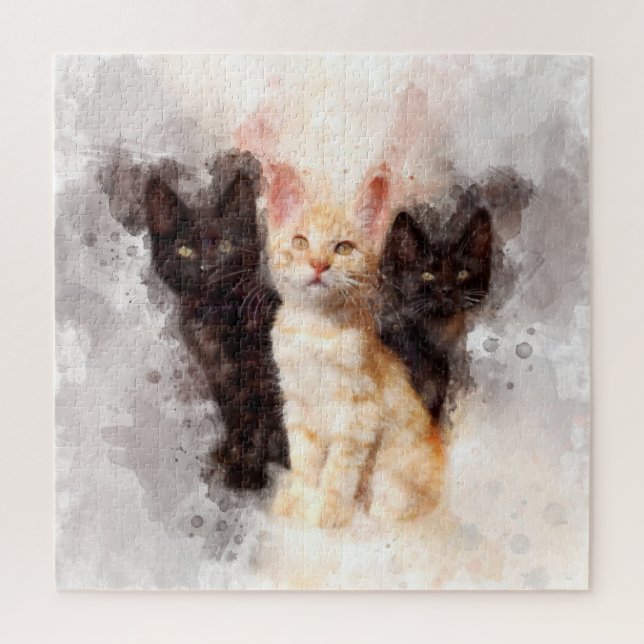 Three kittens cute and beautiful watercolor jigsaw puzzle (Vertical)