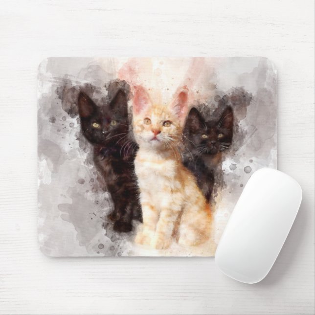 Three kittens cute and beautiful watercolor mouse mat (With Mouse)