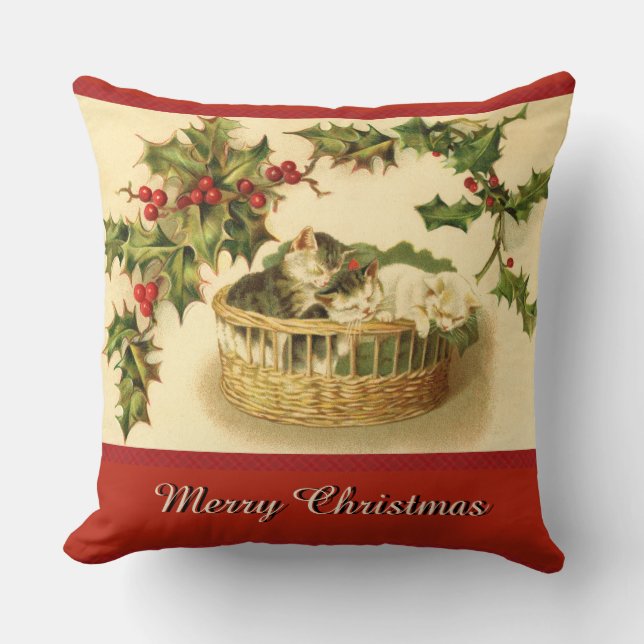 Three KIttens in a Basket Christmas Pillow (Front)