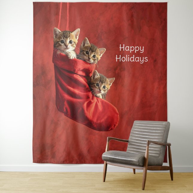 Three kittens in a Christmas Stocking Backdrop Tapestry (In Situ)