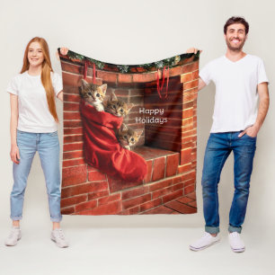 Three kittens in a Christmas Stocking Fleece  Blanket