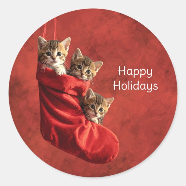 Three kittens in a Christmas Stocking Stickers (Front)
