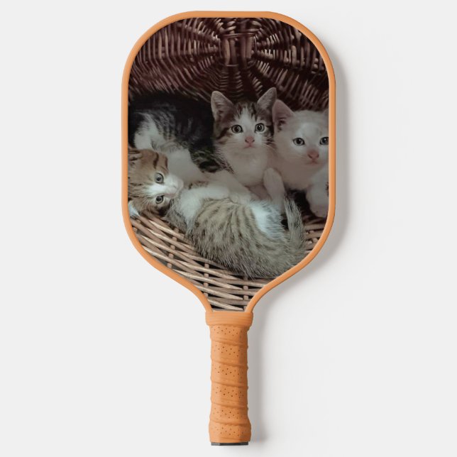 Three Kittens in a Wicker Basket Pickleball Paddle (Front)
