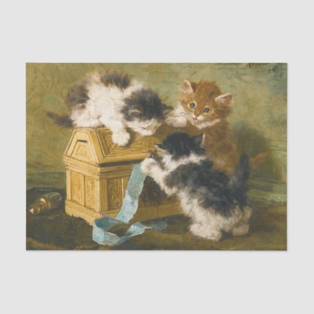 Three Kittens With a Casket & Blue Ribbon, Ronner Tissue Paper (Front)