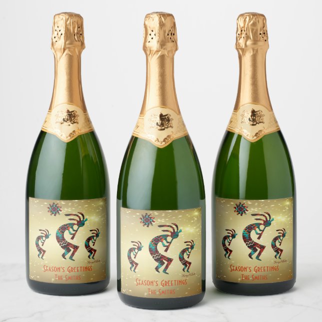 Three Kokopelli Playing Flute Sparkling Wine Label (Bottles)