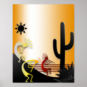 Three Kokopellis and a Cactus Poster