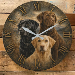 Three Labrador Retrievers Rustic Bronze Roman Nume Large Clock