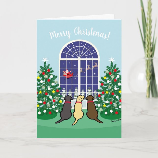 Three Labradors and Santa Claus Christmas Holiday Card (Front)
