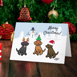 Three Labradors and Snowman Christmas Holiday Card