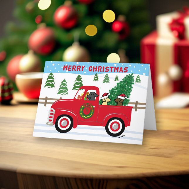 Three Labradors Red Truck Christmas Holiday Card (Three Labradors and Vintage Red Truck design Christmas Cards for Labrador Owners.  Festive design.)