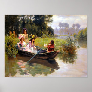 Three ladies and a man in a boat art poster
