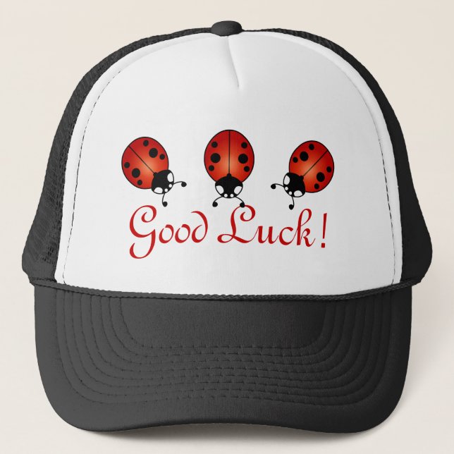 Three Ladybugs Red Orange Black Good Luck Trucker Hat (Front)