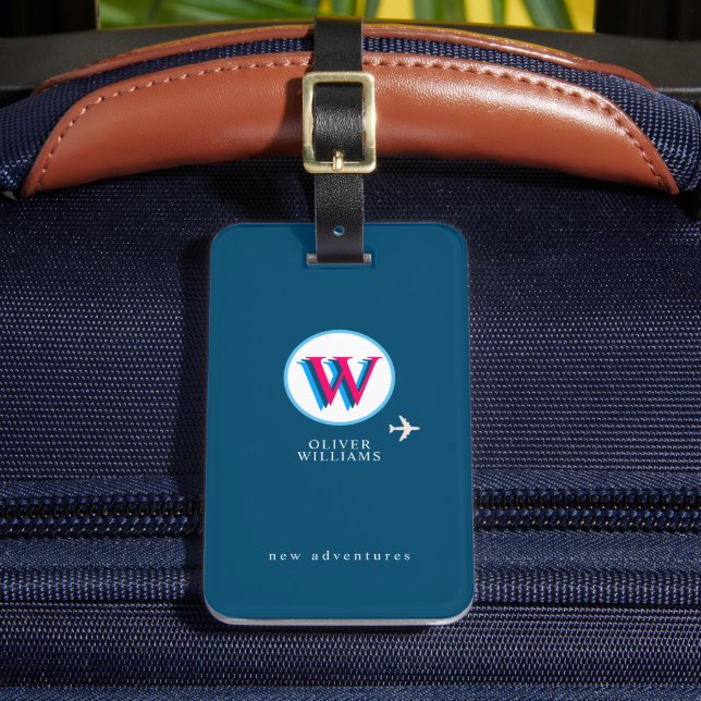 Three Layers Initial W (editable) Blue Luggage Tag (Front Insitu 2)