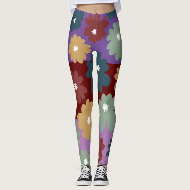 Three layers three colours background floral purpl leggings (Front)