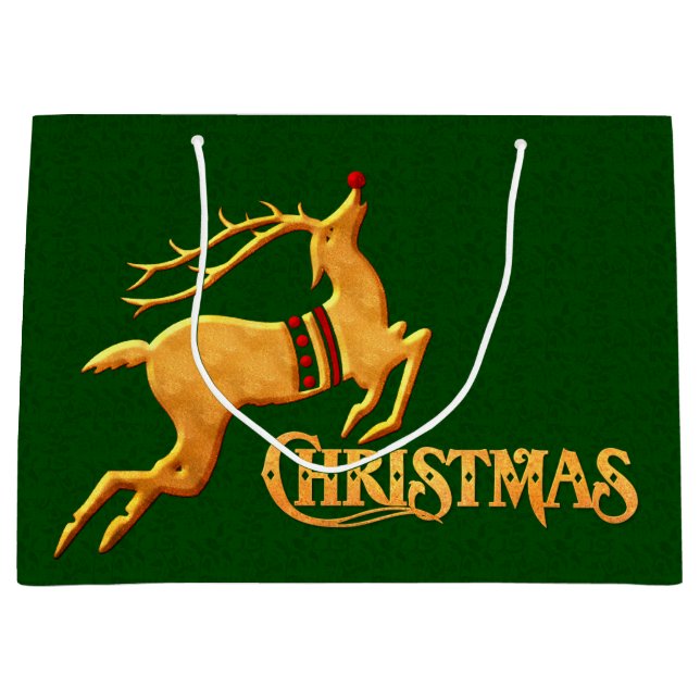 Three Leaping Reindeer on Green Damask Large Gift Bag (Front)