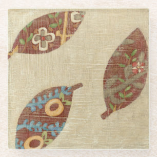 Three Leaves on Linen Texture Background Glass Coaster