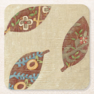 Three Leaves on Linen Texture Background Square Paper Coaster