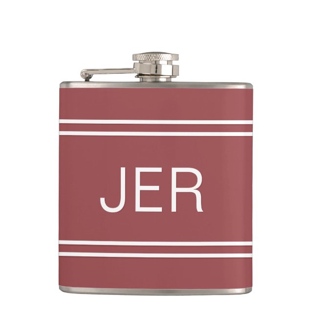 Three Letter Initials Monogrammed Dark Trendy Red Hip Flask (Front)