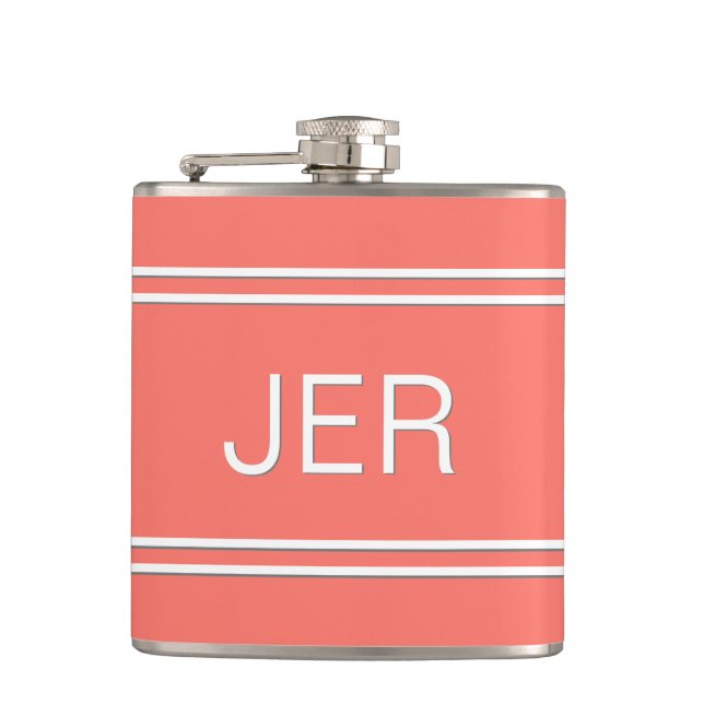Three Letter Initials Monogrammed Drink Coral Hip Flask (Front)