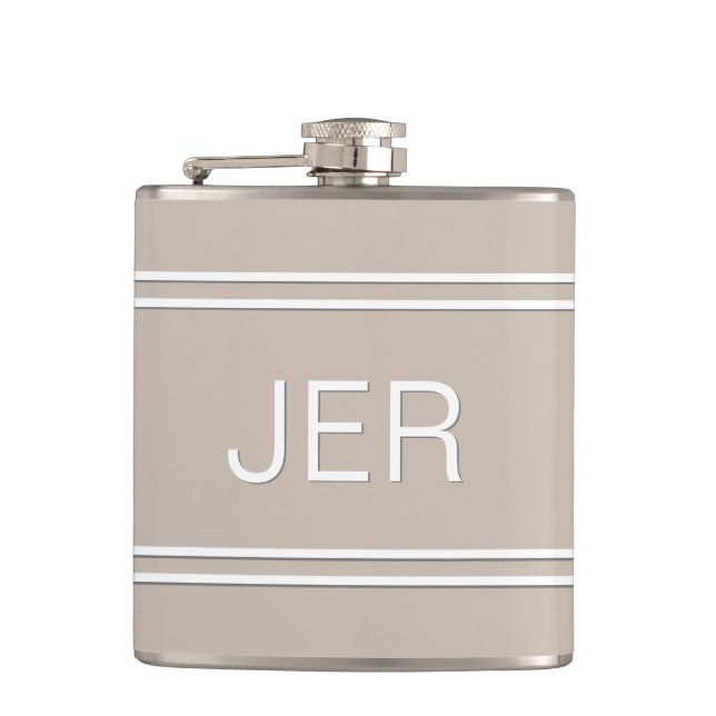 Three Letter Initials Monogrammed Drink Khaki Hip Flask (Front)