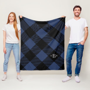 Three Letter Monogram Blue Buffalo Check Fleece Blanket