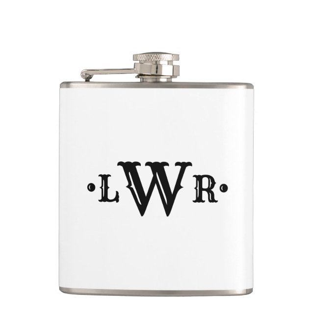 Three Letter Monogram Custom Elegant Black & White Hip Flask (Front)