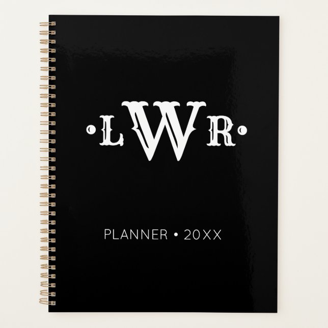 Three Letter Monogram Custom Elegant Black & White Planner (Front)