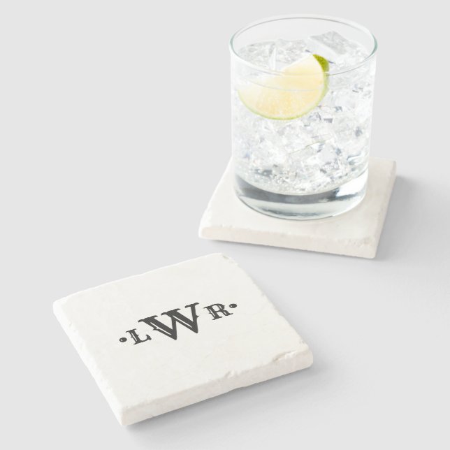 Three Letter Monogram Custom Elegant Black & White Stone Coaster (Side)
