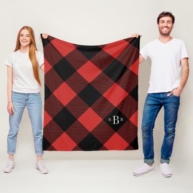 Three Letter Monogram Red Buffalo Check Fleece Blanket (In Situ)