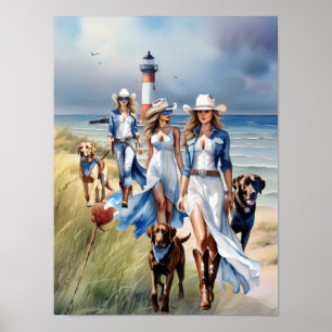 Three Lighthouse Coastal Cowgirl Dog Walkers Poster