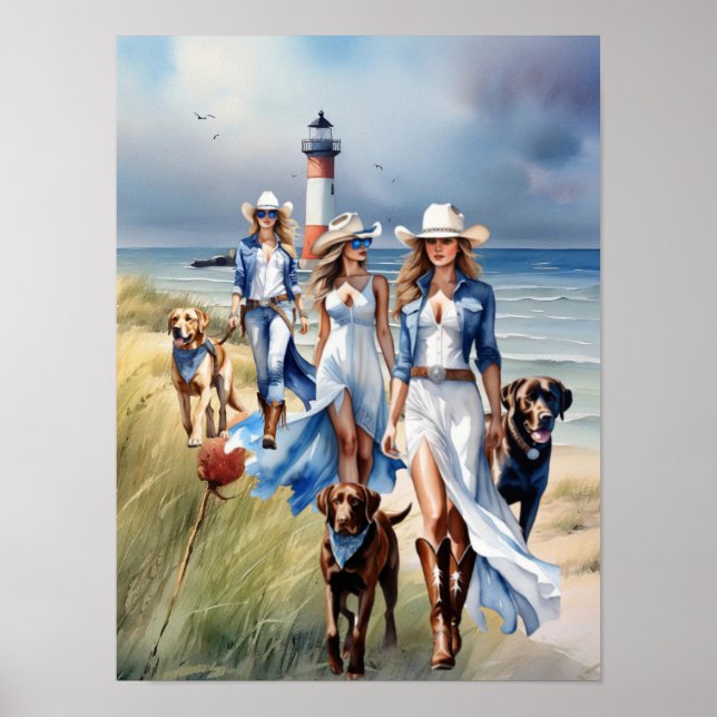 Three Lighthouse Coastal Cowgirl Dog Walkers Poster (Front)