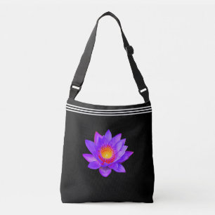 Three Lines & Custom Violet Lotus Flower on Black Crossbody Bag