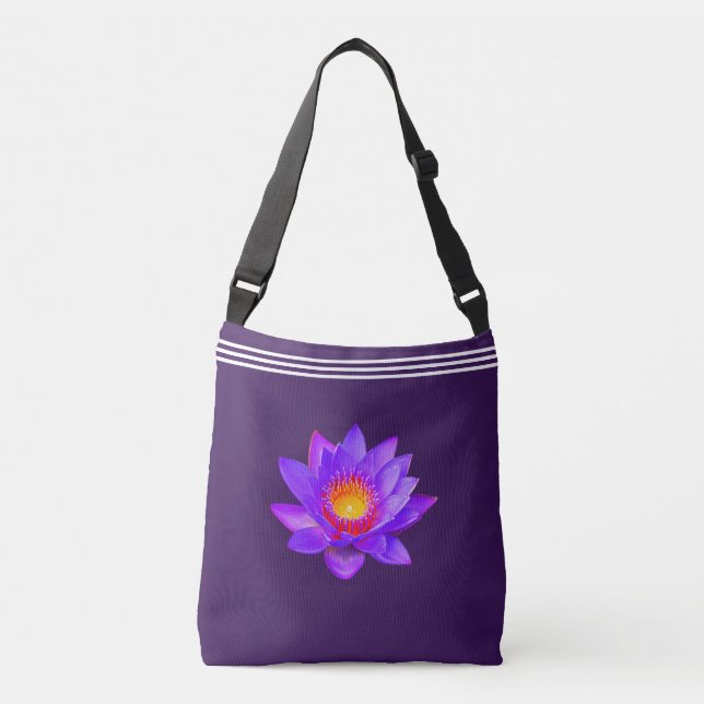 Three Lines & Custom Violet Lotus Flower on Purple Crossbody Bag (Front)