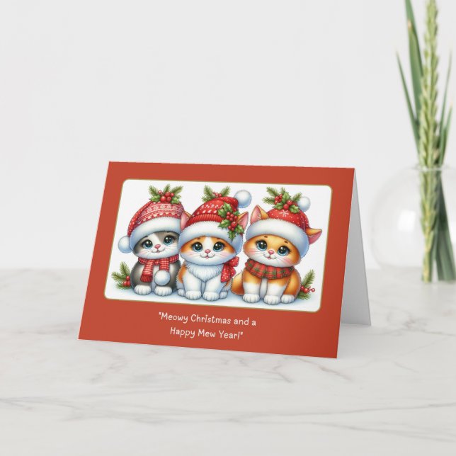 Three Little Christmas Kitties Sitting Pretty Note Card (Front)