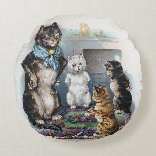 Three Little Kittens and Mother, Louis Wain Round Cushion (Front)