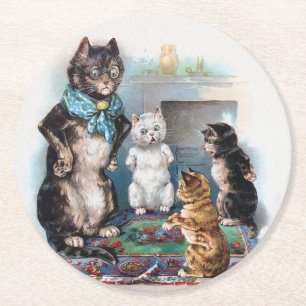 Three Little Kittens and Mother, Louis Wain Round Paper Coaster