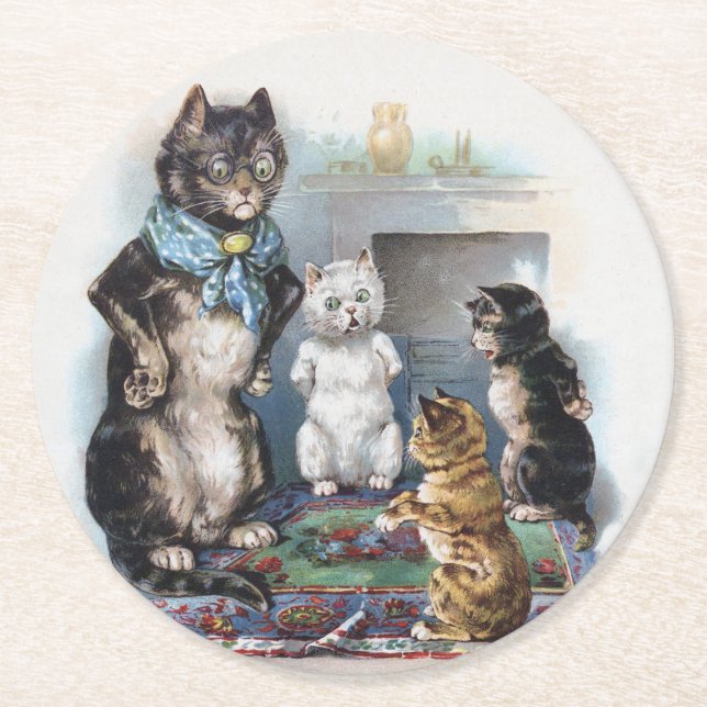 Three Little Kittens and Mother, Louis Wain Round Paper Coaster (Front)
