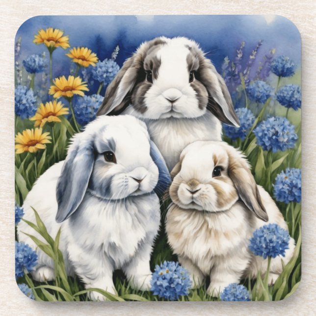 Three Little Lop Bunny Rabbits set of 6 Coaster (Front)