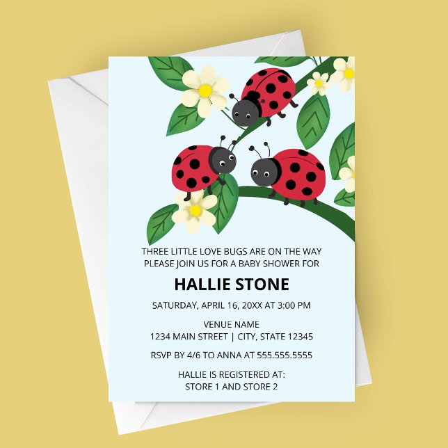 Three Little Love Bugs Ladybug Baby Shower Invitation (Three Little Love Bugs Ladybug Baby Shower Invite | Floral Garden Triplet Shower Invitation)