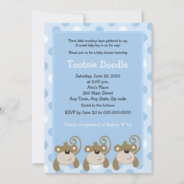 Three Little Monkeys 5x7 Blue Baby Shower Invitation (Front)