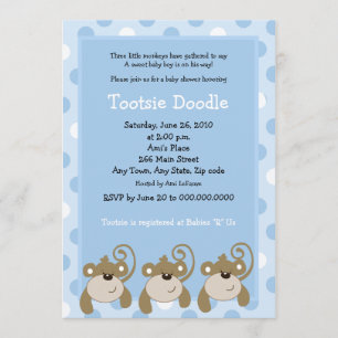 Three Little Monkeys 5x7 Blue Baby Shower Invitation