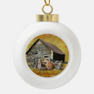 Three Little Pigs At The Rustic Barn Snoozing Ceramic Ball Christmas Ornament