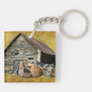 Three Little Pigs At The Rustic Barn Snoozing Key Ring
