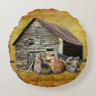 Three Little Pigs At The Rustic Barn Snoozing Round Cushion